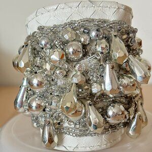 Funky Upcycled Hand made White Leather Cuff with Silver beads